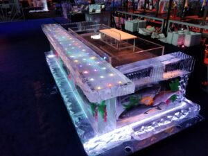 functional ice bar with lights and fish in casino