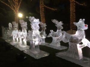 reindeer and sleigh ice sculpture display